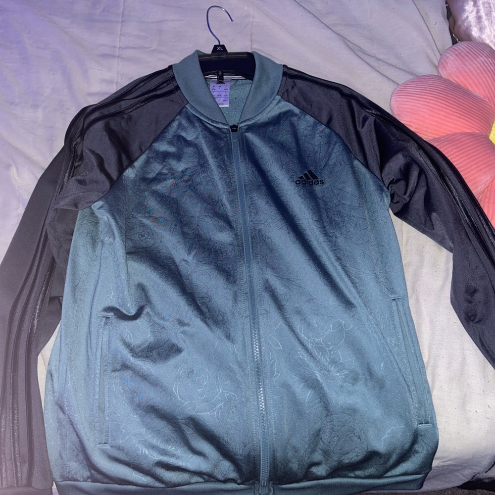 Blue and Gray floral Adidas zip-up jacket
